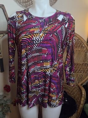 Jones Studio Cutout Shoulder Multicolor Abstract Top